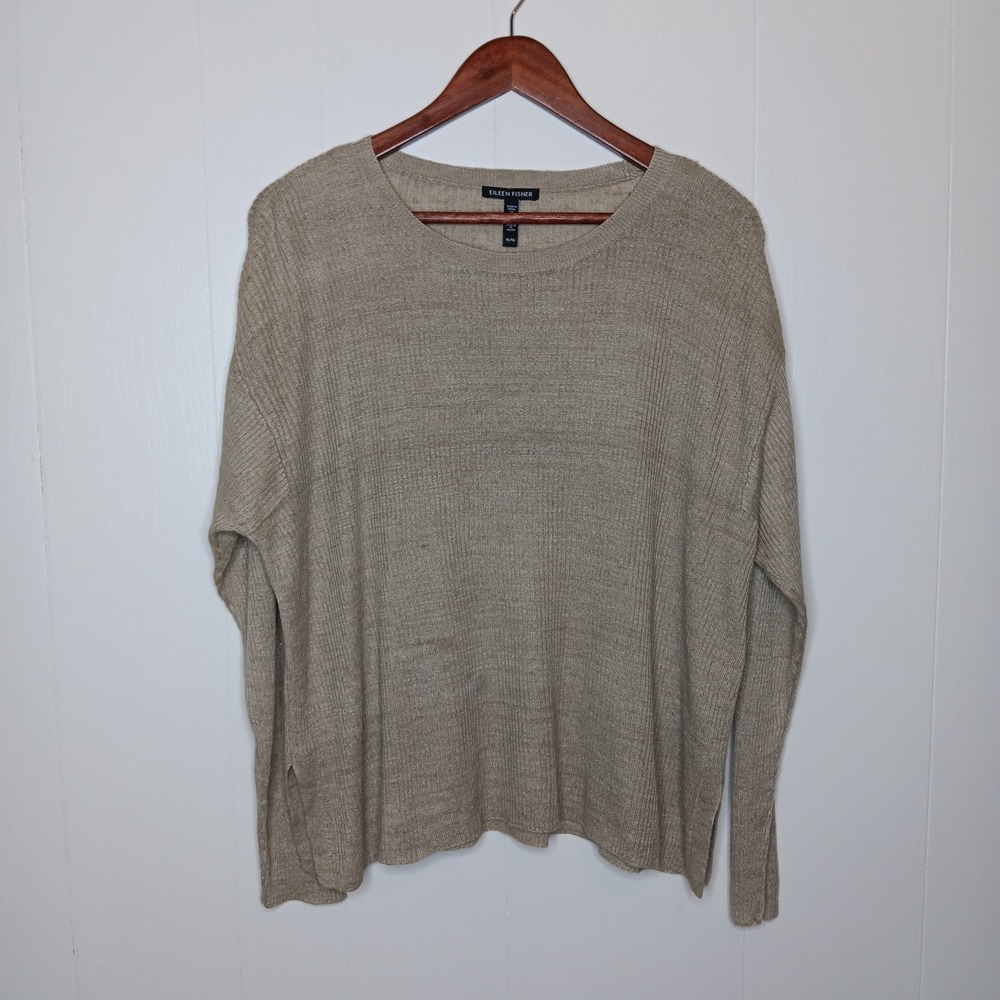 Eileen Fisher Sweater Size XL Tan Crew Neck Pullover Knit 100% Organic Linen